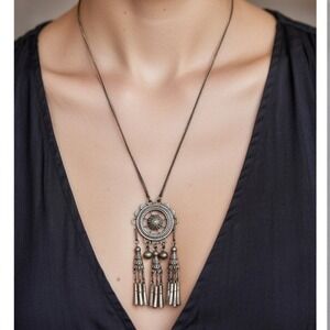 Vintage Silver 34" Long Tassel Boho Statement Necklace Filigree Moon Goddess